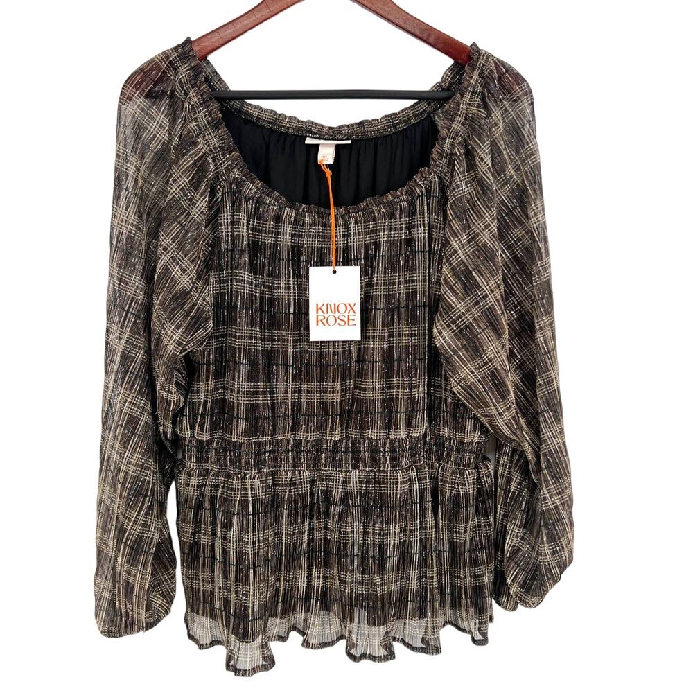 NWT NEW Knox Rose Womens Plus Size XXL Sparkly Metallic Plaid Blouse Shirt Top